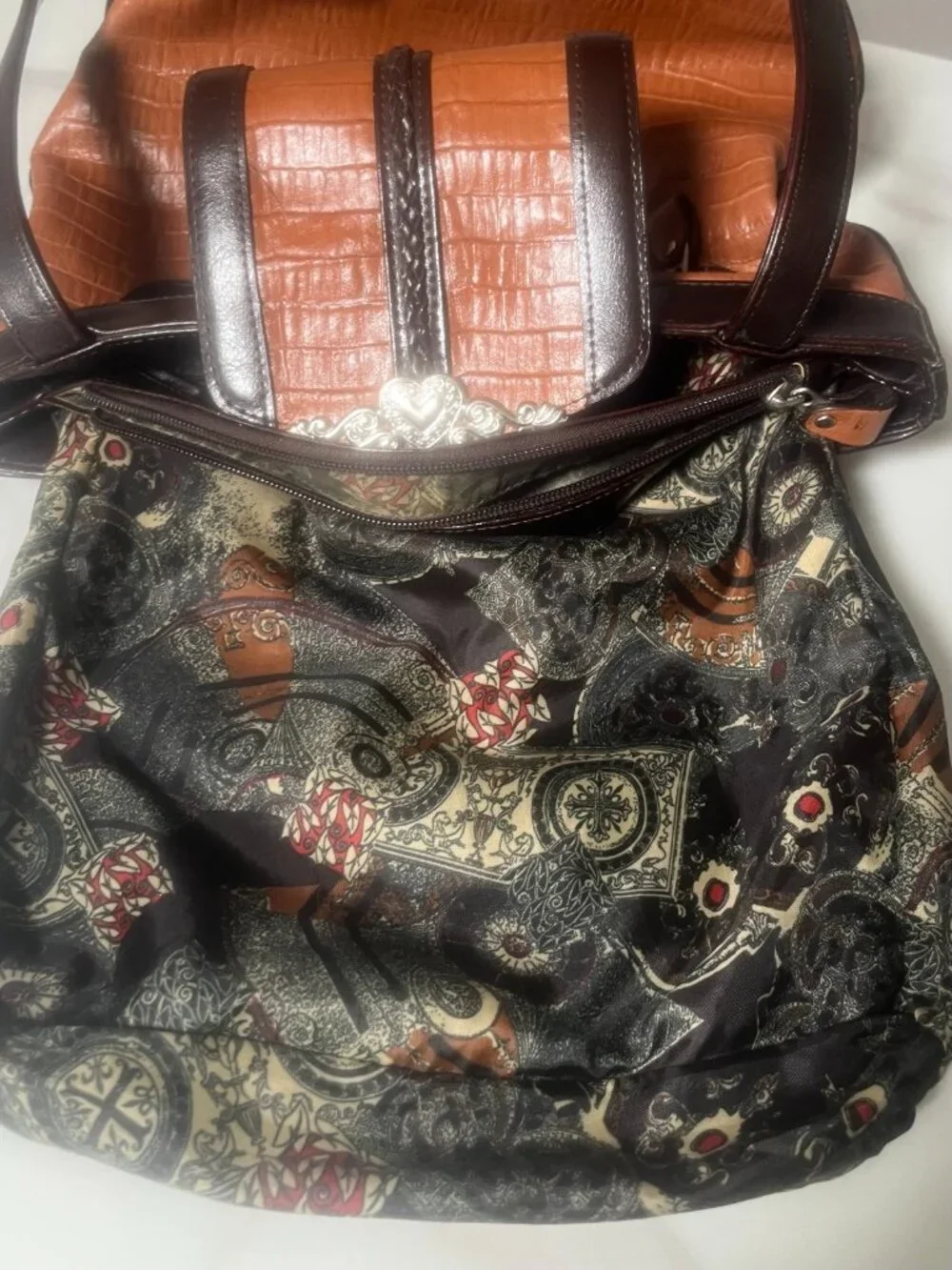 Brown Croc-Embossed Shoulder Tote with Silver Heart Hardware